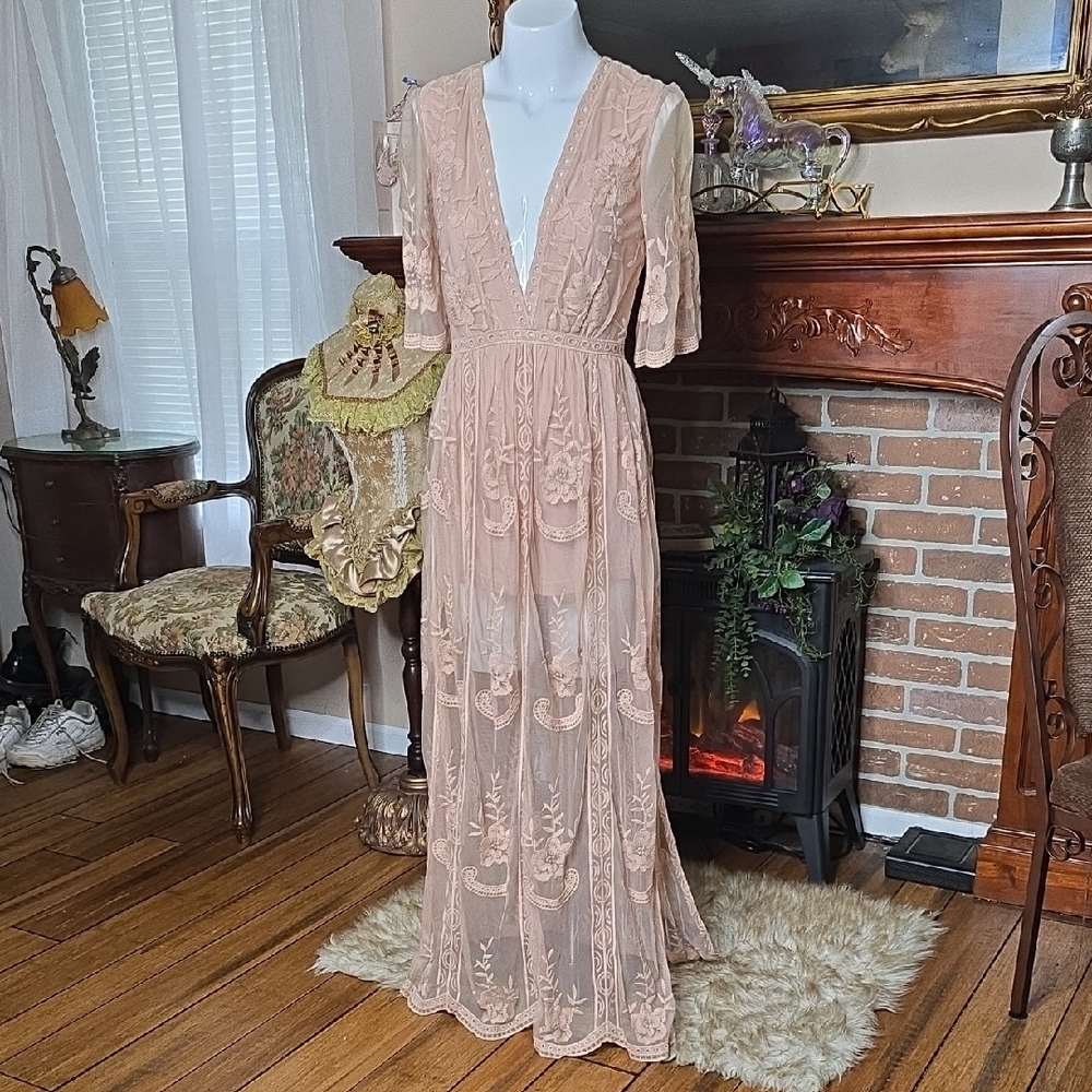 Deep-V Lace Semi-sheer Maxi Romper from Love Culture SM Pink